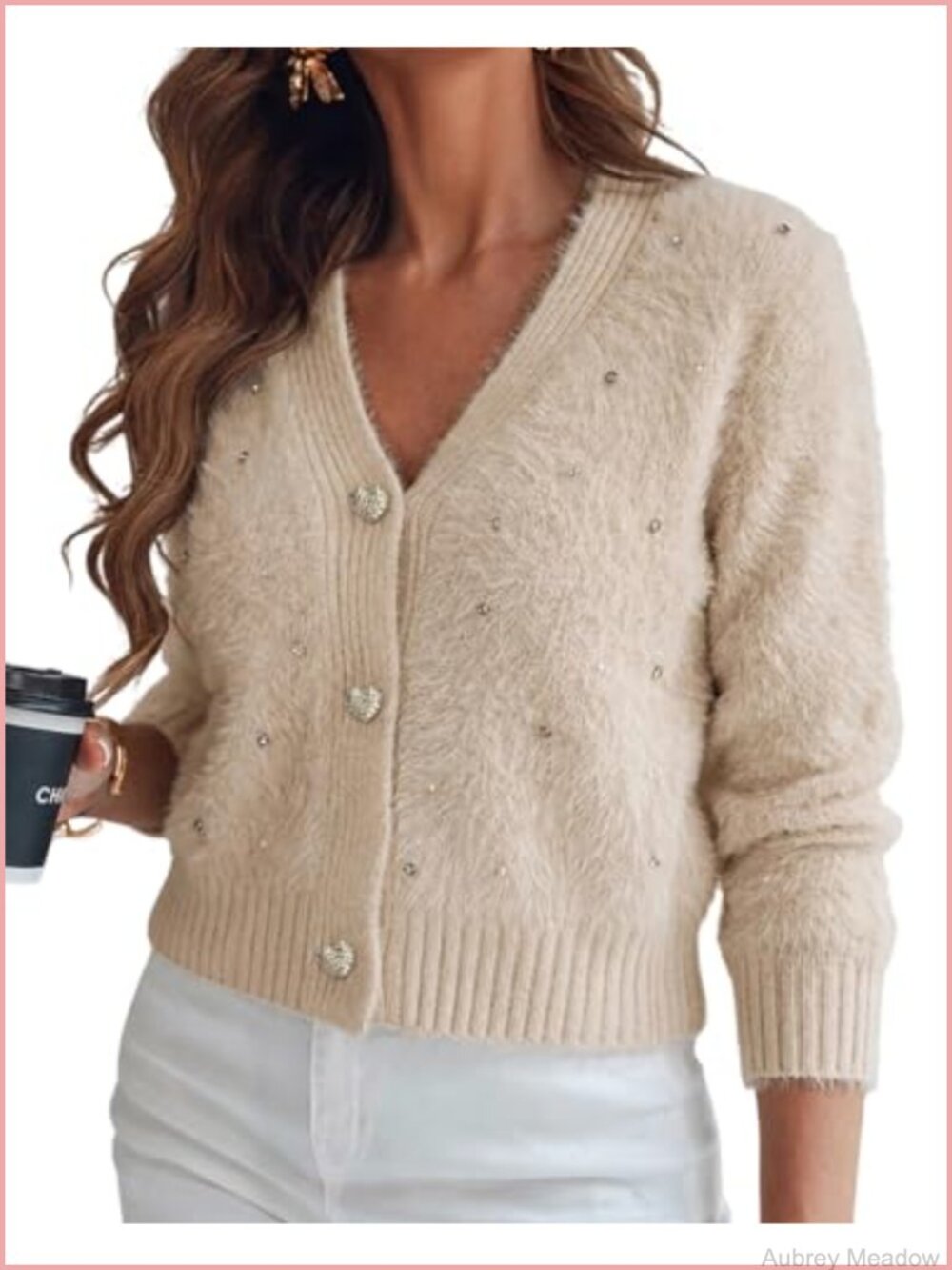 Fuzzy Knit Rhinestone V Neck Crop Cardigan Sweater